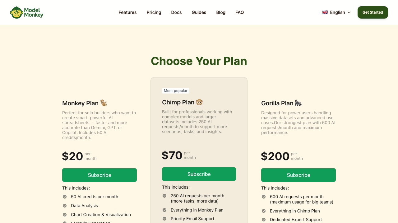 Plan picker on modelmonkey.io showing Monkey, Chimp, and Gorilla tiers