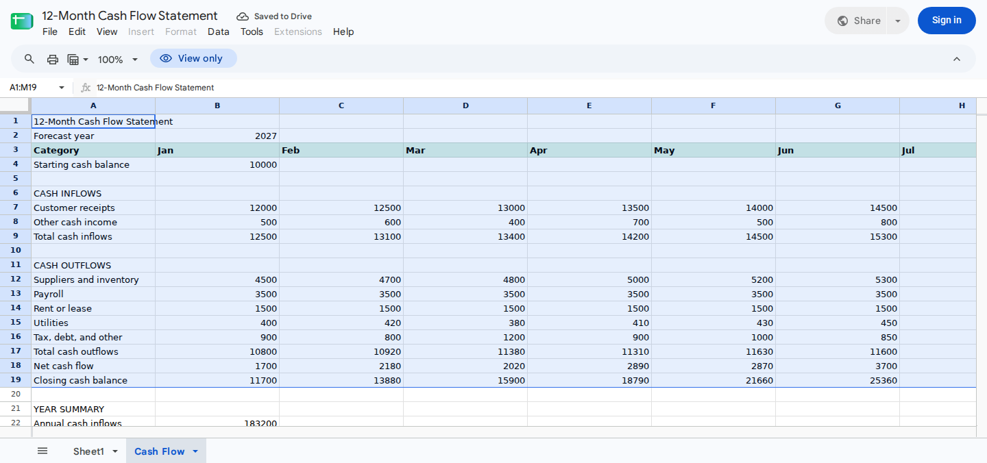 Twelve-month cash flow statement with monthly inflows, outflows, net cash flow, and closing balances.