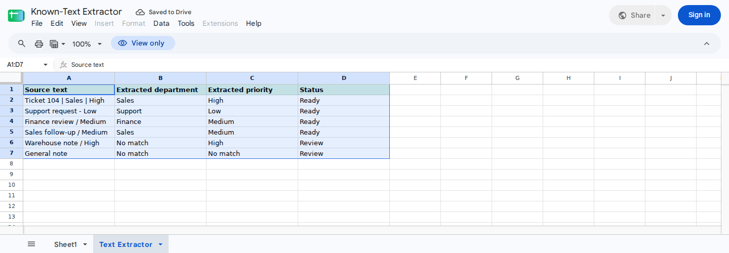 Text extraction table with source descriptions, extracted departments and priorities, and review statuses.