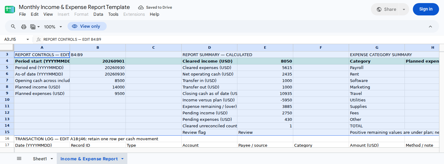 Editable reporting controls beside calculated income, expense, cash, pending-item, reconciliation, and category-plan summaries.