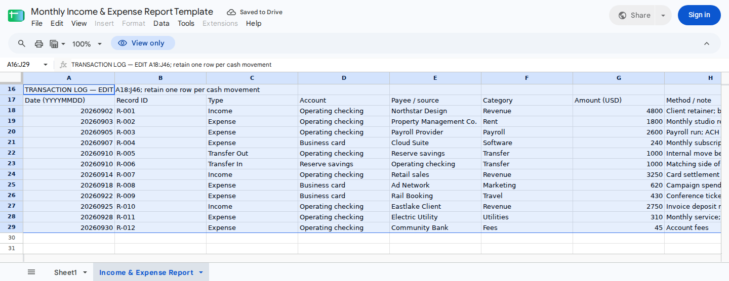 Synthetic transaction log containing income, expenses, matching internal transfers, pending items, multiple accounts, categories, and reconciliation statuses.