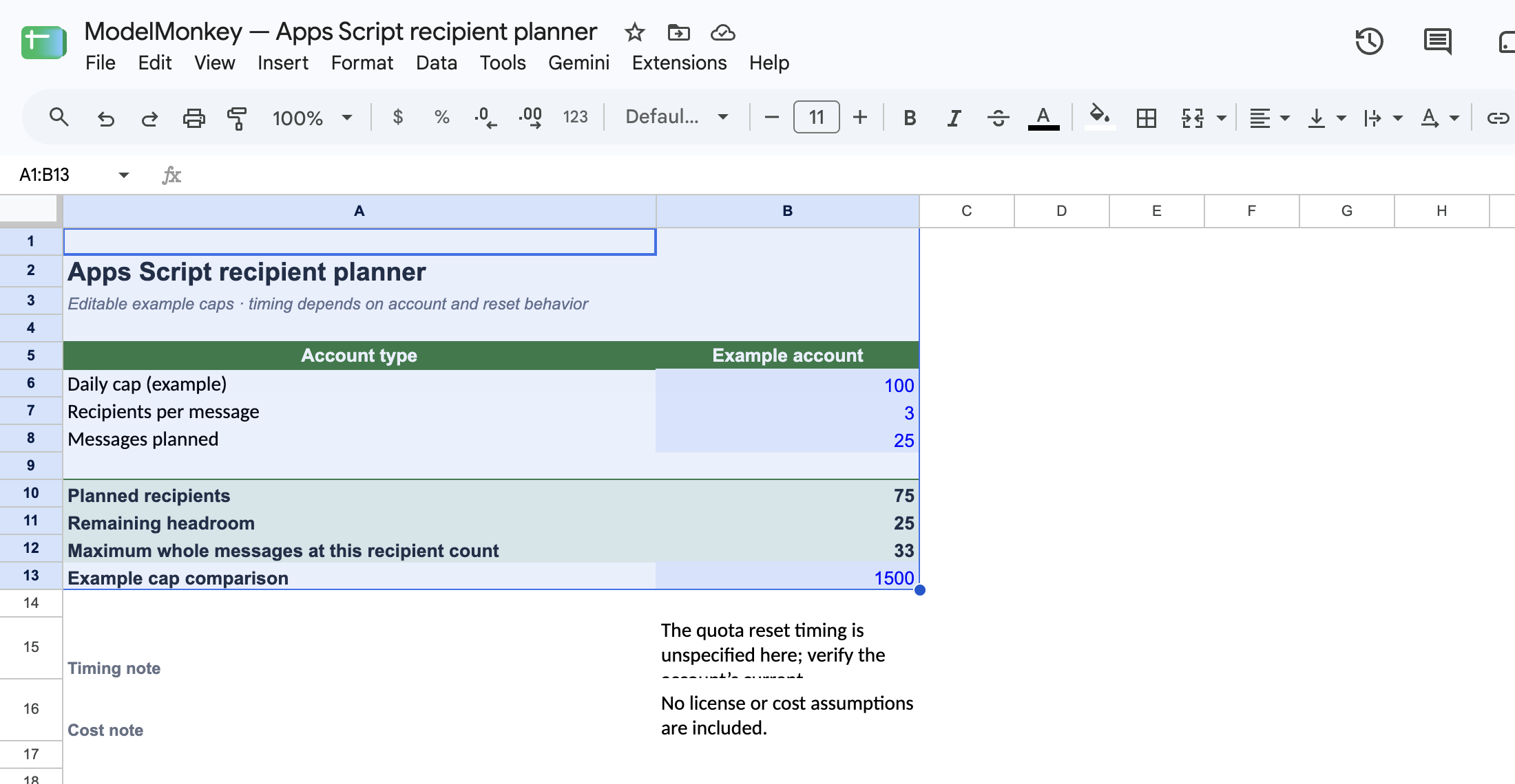 Apps Script recipient planning template open in Google Sheets